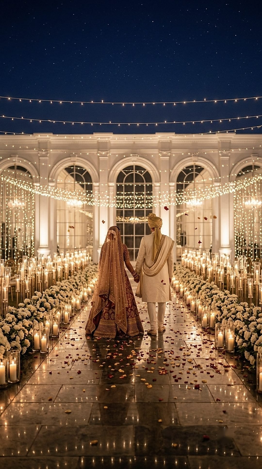 The couple walking hand in hand down a candlelit aisle